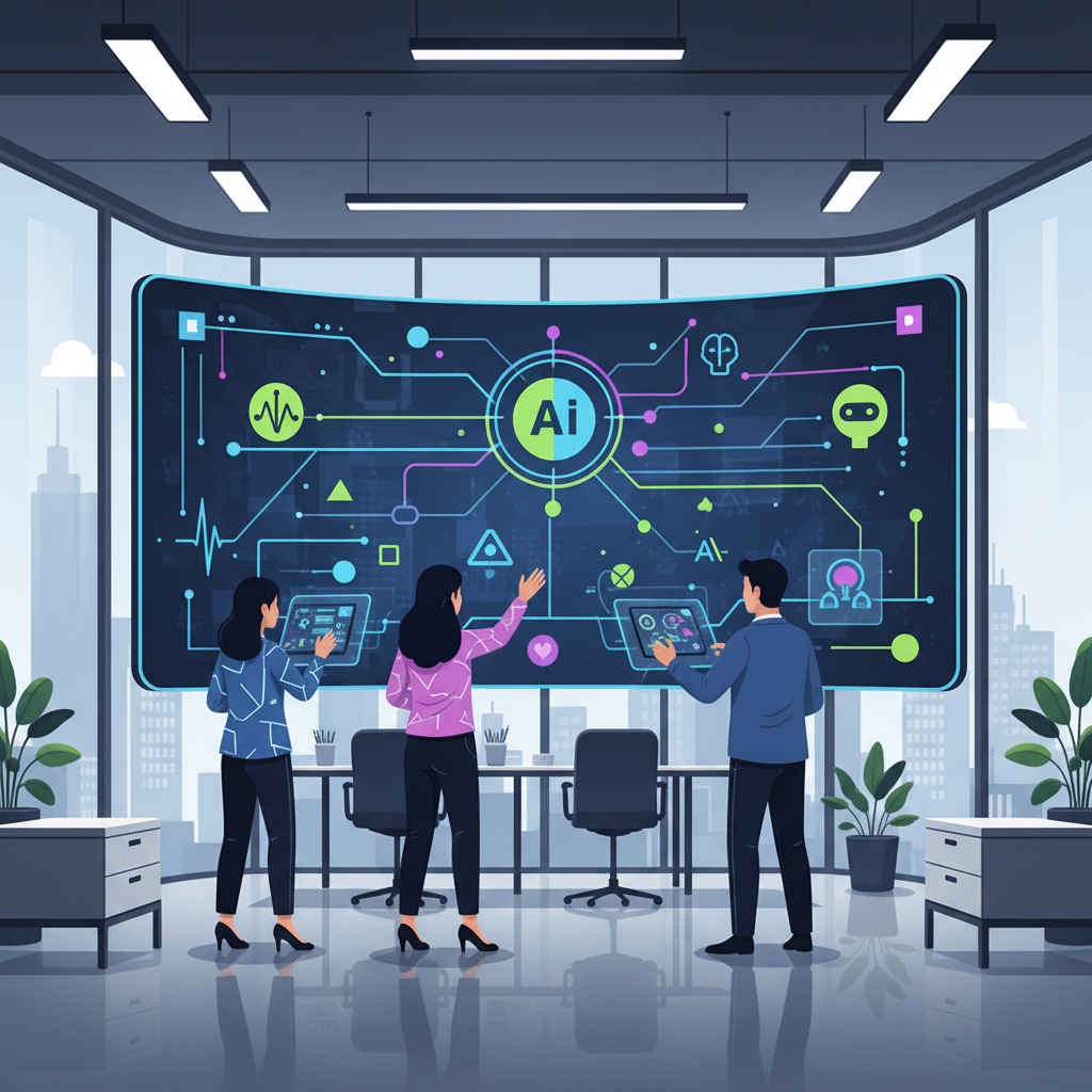 vietnamese professionals modern office large screen ai symbols