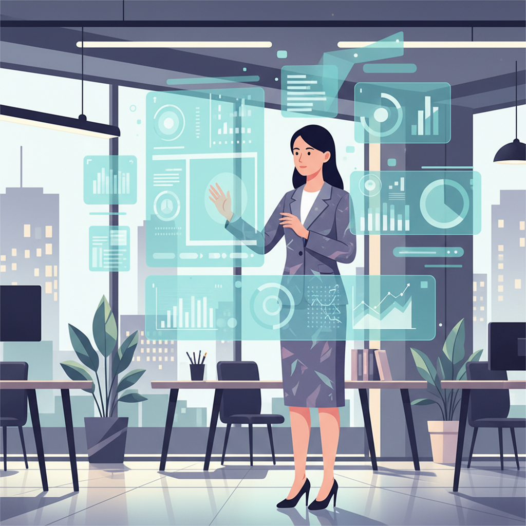 vietnamese businesswoman holographic display financial data modern office