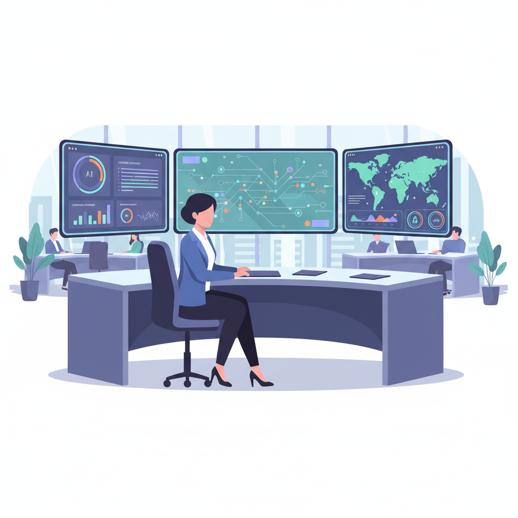 businesswoman multiple screens customer data ai dashboards modern office