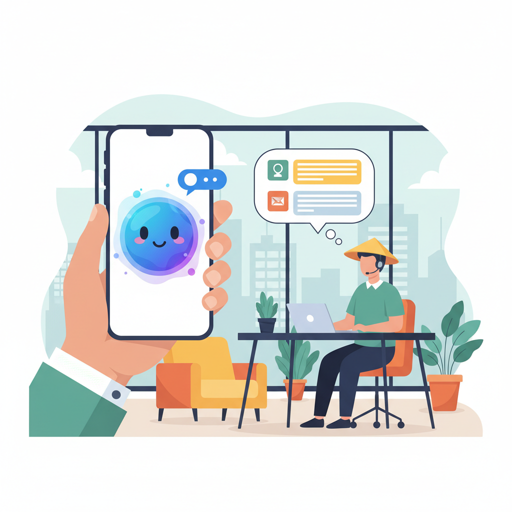 ai chatbot smartphone interaction customer service vietnamese text modern office