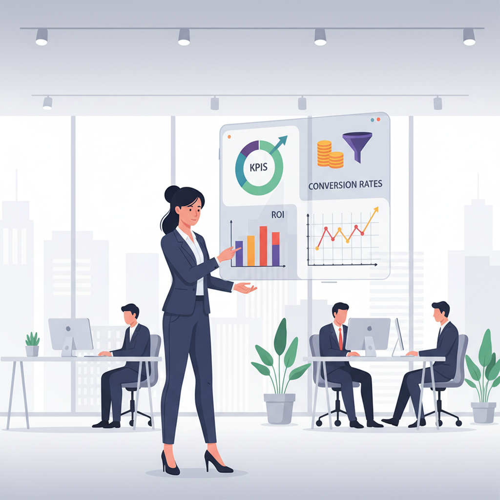 businesswoman dashboard analysis kpis roi conversion rates modern office