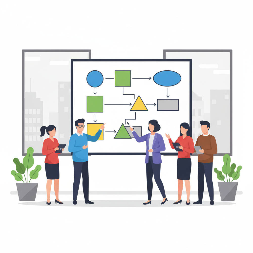 business team whiteboard lean six sigma process flow