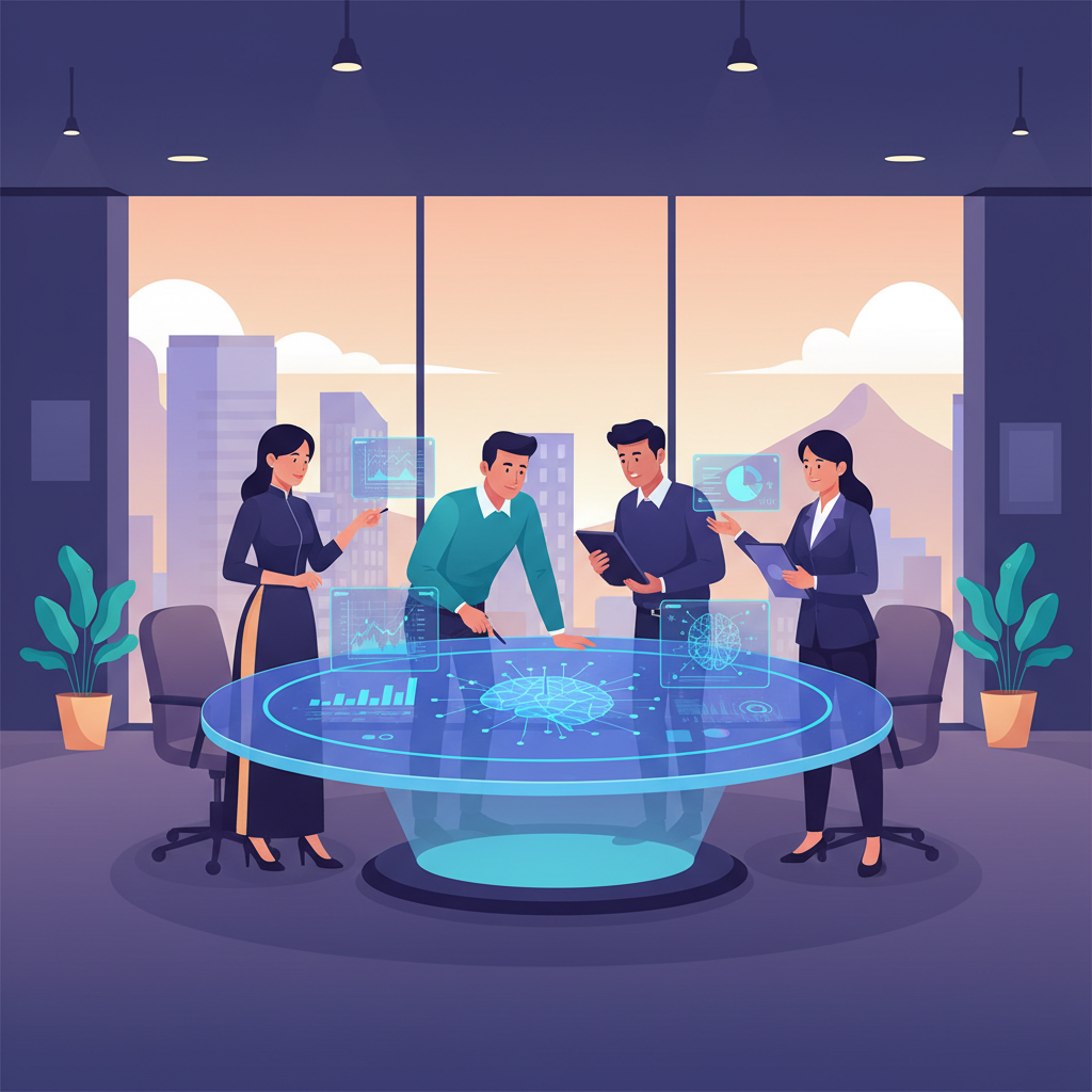 business meeting data analysis ai dashboard modern office vietnamese