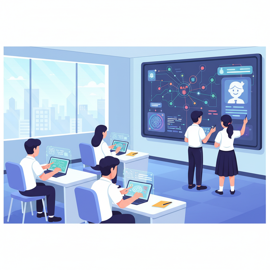 Lớp học hiện đại với công nghệ AI và thiết bị số