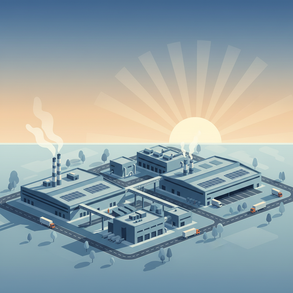 manufacturing plant aerial view factory exterior dawn