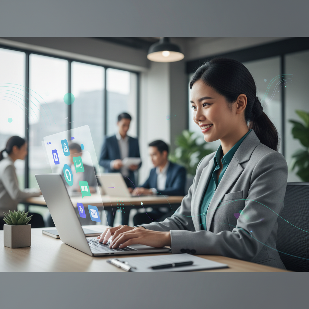 A Vietnamese small business owner smiling while configuring a chatbot on a laptop, with a modern, clean UI on screen.