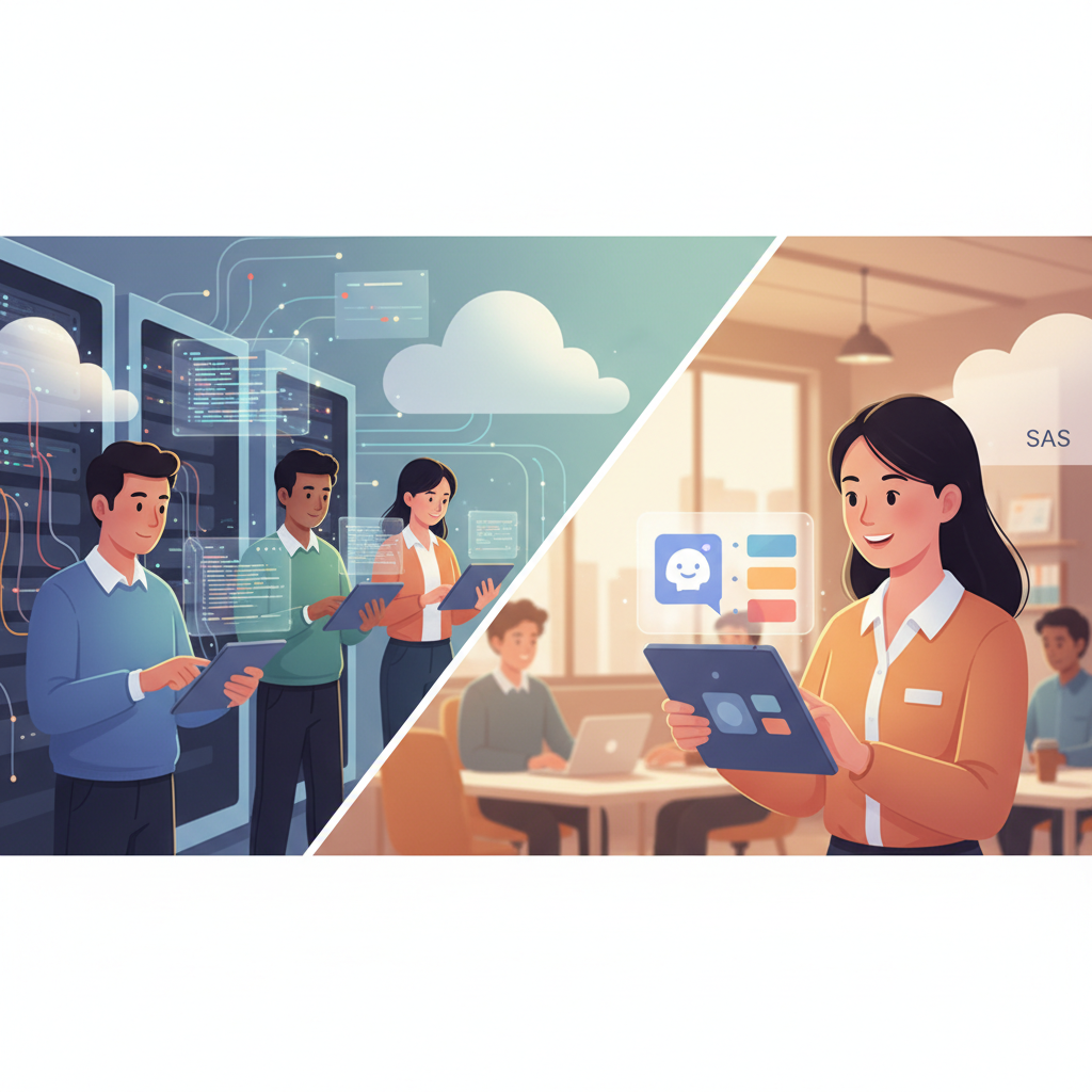 A split screen showing two business scenarios. On the left, a team of engineers working with complex code and servers, representing in-house development. On the right, a businesswoman easily configuring a chatbot dashboard on a tablet, representing SaaS.