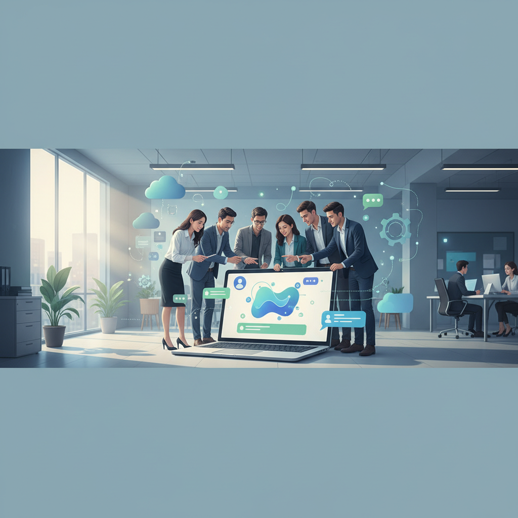 a diverse group of Vietnamese startup employees collaborating on a laptop, showing a chatbot interface, in a modern office with natural light, no text