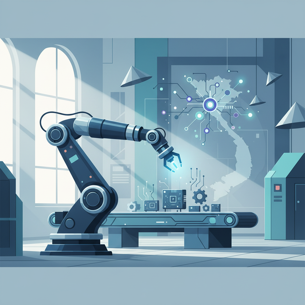 AI-powered robotic arm performing quality inspection on a production line in a modern factory setting in Vietnam, no text