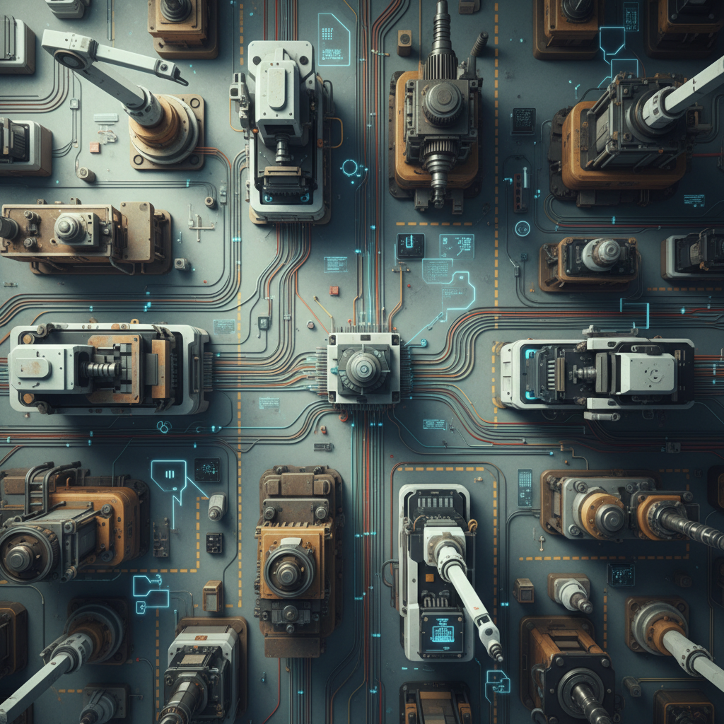 a factory floor in Vietnam with old and new machinery, showing data cables and sensors, no text