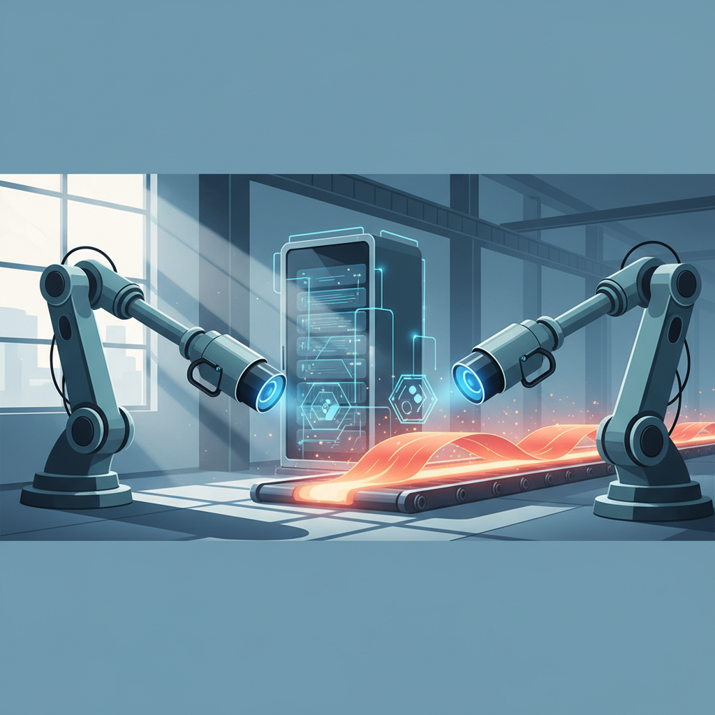 AI-powered quality inspection system in a Vietnamese steel factory, showcasing robots and smart cameras