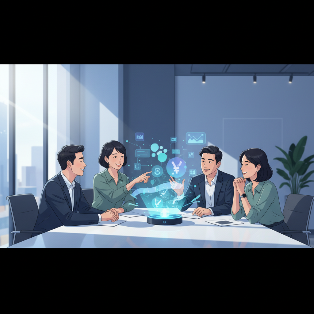 A diverse team of Vietnamese professionals collaborating around a table with a holographic AI interface projected above, showcasing data analysis and project timelines in a modern office setting.