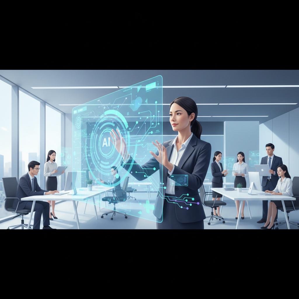 Vietnamese business professional interacting with a complex AI interface, data flowing, modern office setting, no text