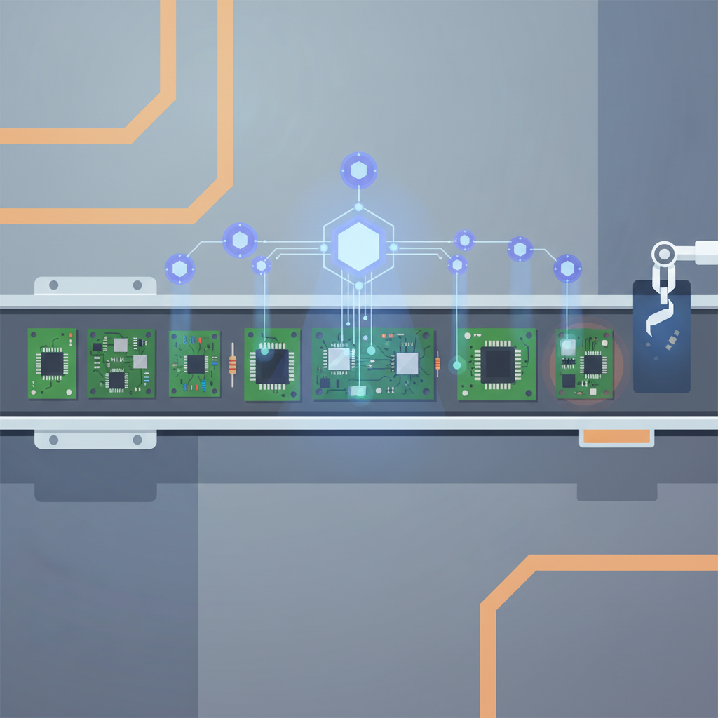 An AI-powered quality control system inspecting electronic components on a conveyor belt in a modern Vietnamese factory, no text.