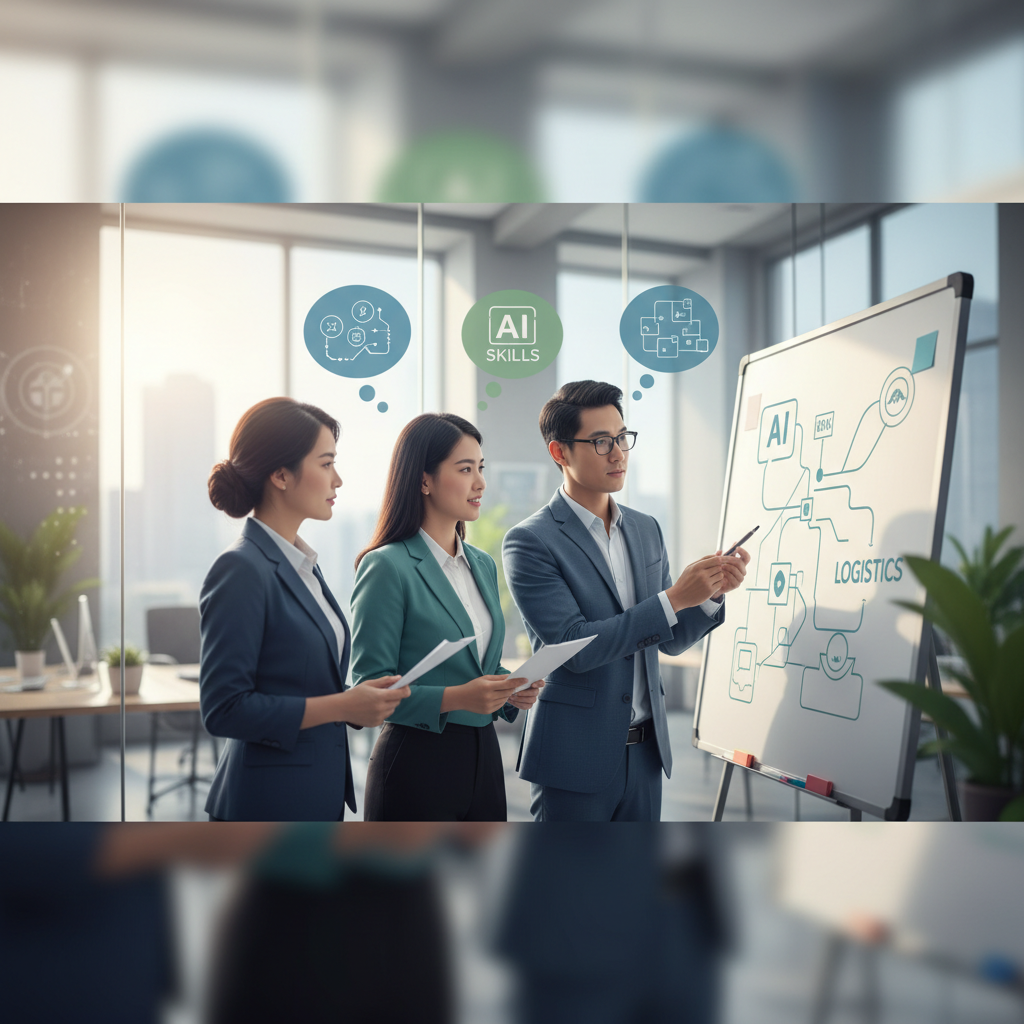 A Vietnamese business team brainstorming in a modern office, using a whiteboard to outline AI skill requirements for their logistics operations.