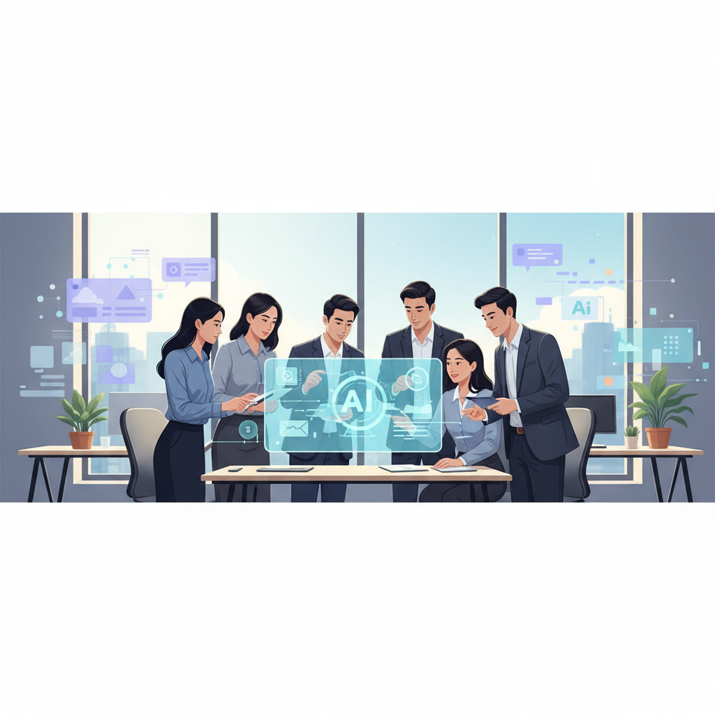 A Vietnamese business team collaboratively reviewing AI-generated content on a large screen, showcasing efficient workflow and communication.