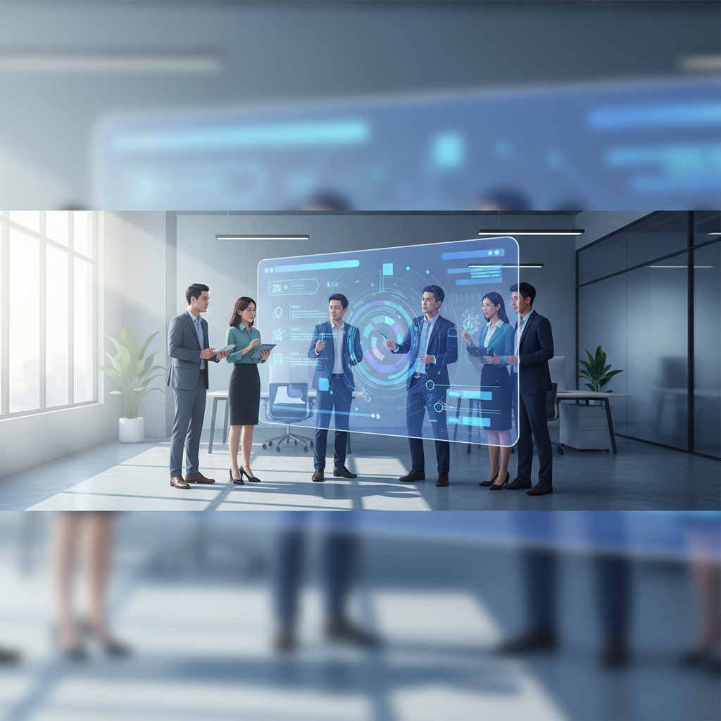 A diverse team of Vietnamese professionals collaborating around a large interactive screen displaying Claude Cowork interface with data visualizations and text, in a modern office.