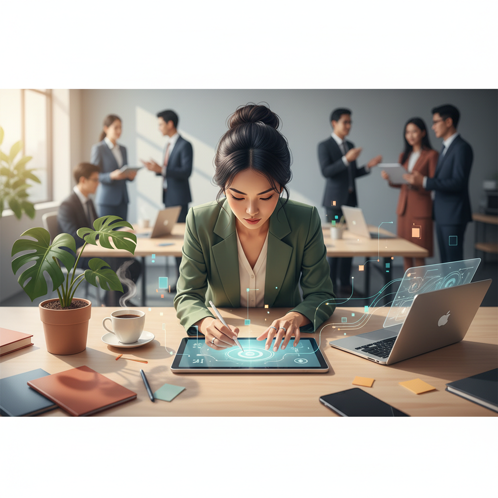 A Vietnamese businesswoman is registering an account on a modern AI platform, focusing on the screen with a determined expression, professional office background.