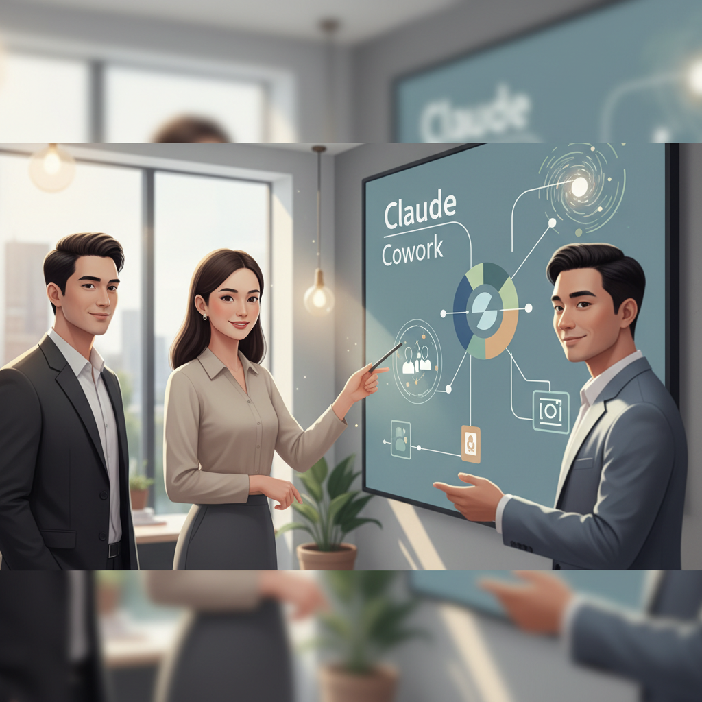 A Vietnamese business team collaboratively managing tasks and conversations on Claude Cowork, showing project progress and AI interactions on a large screen in a modern office.