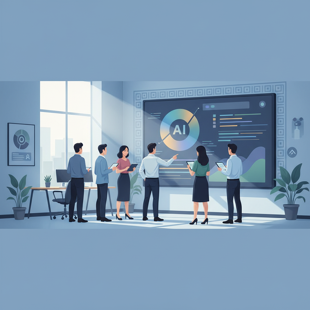 A modern office environment in Vietnam, a diverse team collaborating around a large screen displaying AI-generated market analysis charts, no text