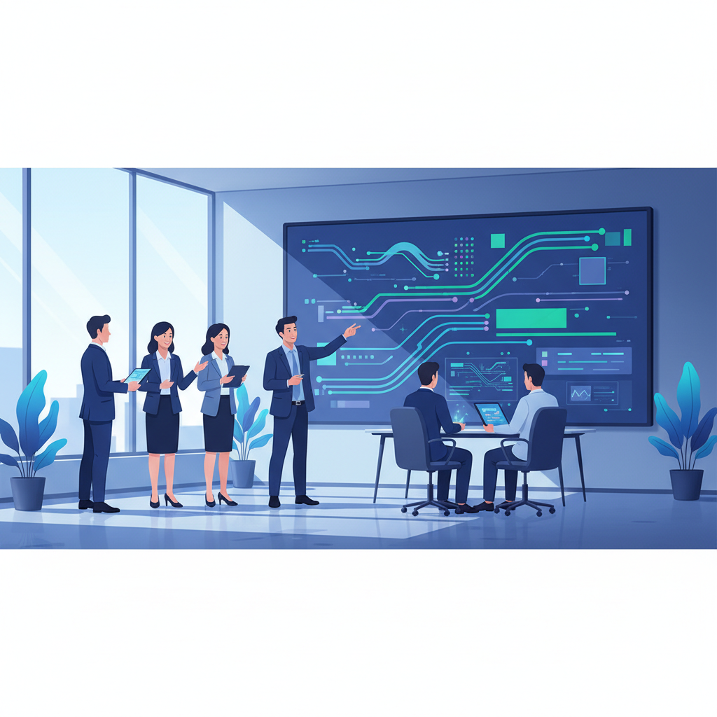 Vietnamese business team analyzing AI-processed Excel data on a large screen in a modern office, no text