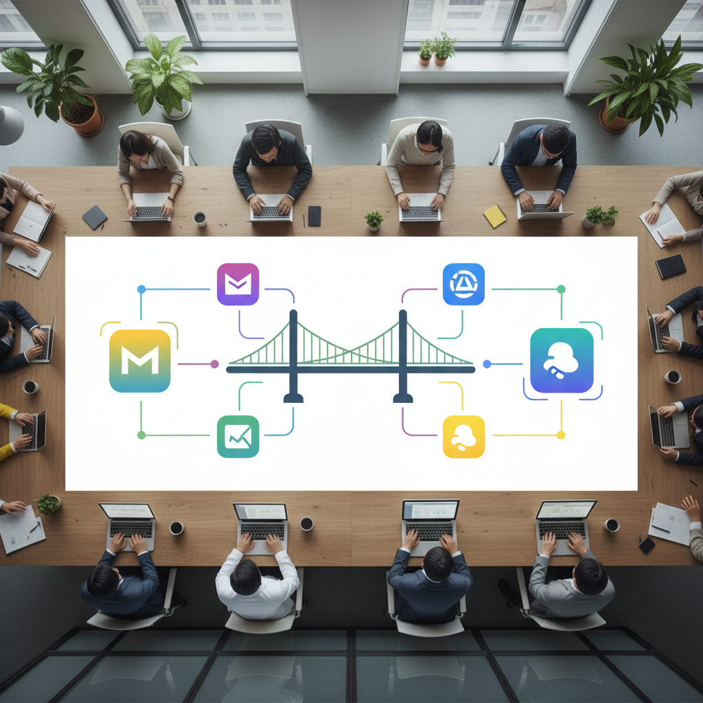 A minimalist illustration of a digital bridge connecting various app icons like Gmail, Slack, and Salesforce, symbolizing Zapier's integration, in a modern office setting.