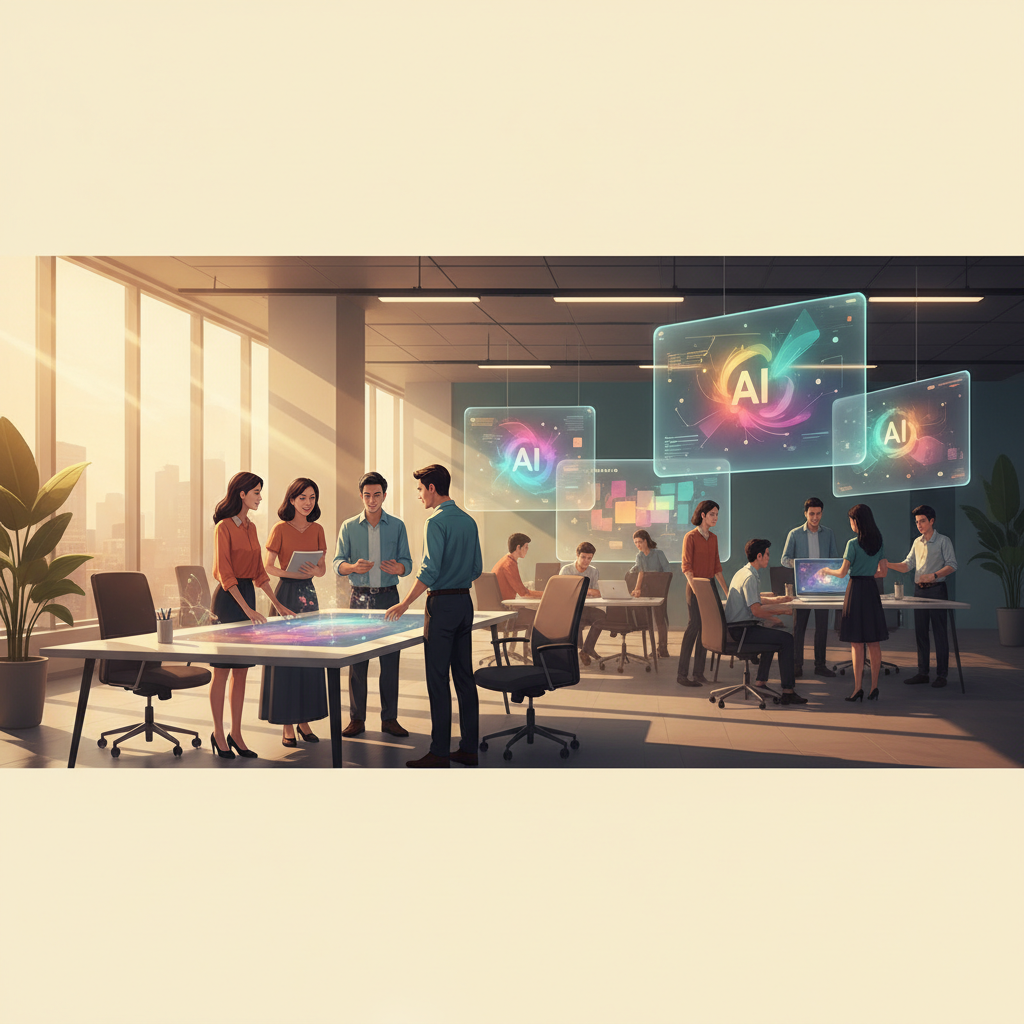 A modern, brightly lit office space in Vietnam, with diverse employees collaborating and AI interfaces projected on screens, symbolizing the integration of AI agents into daily work.