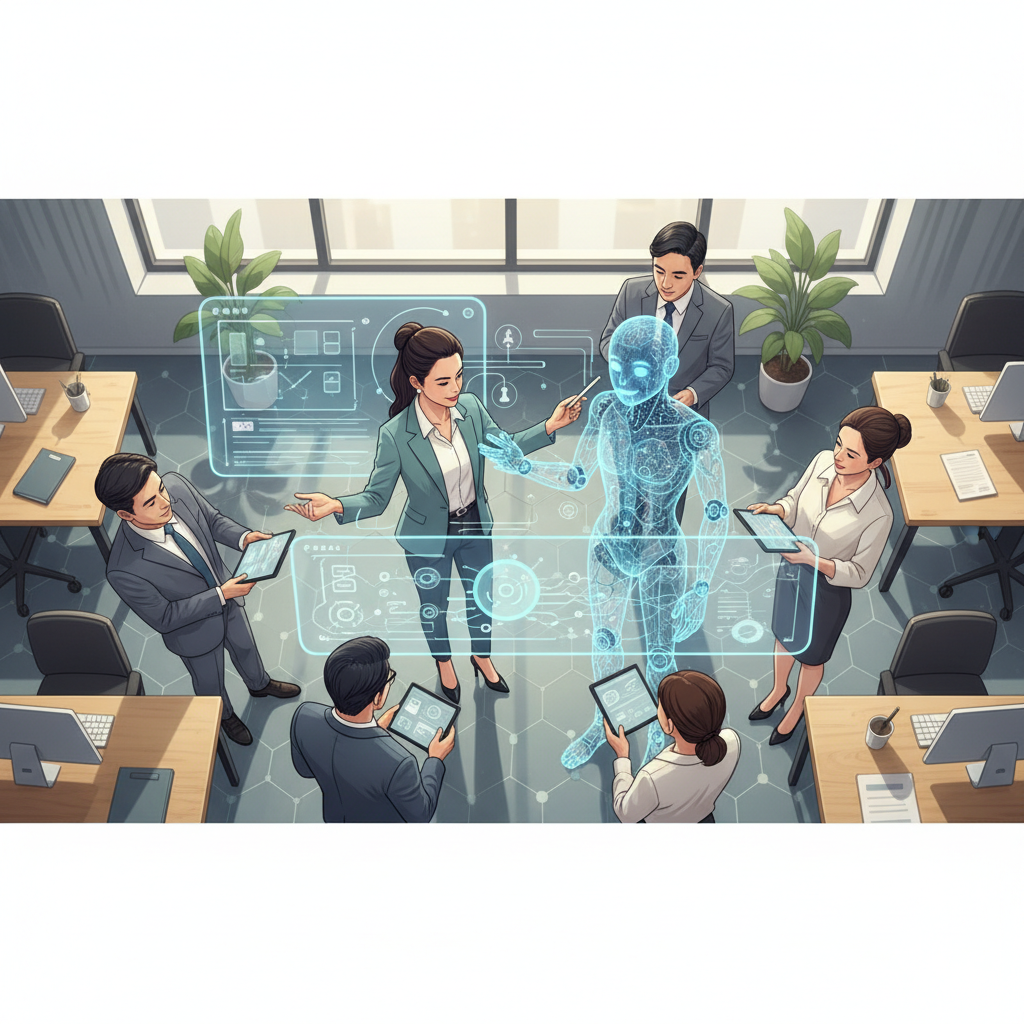 AI assistant helping a Vietnamese business person analyze sales data on a dashboard, clean office environment, no text