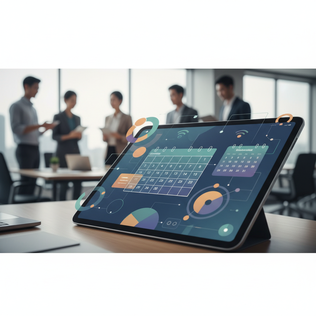 An AI assistant on a tablet screen, showing a complex calendar with optimized meeting schedules for a Vietnamese business team.