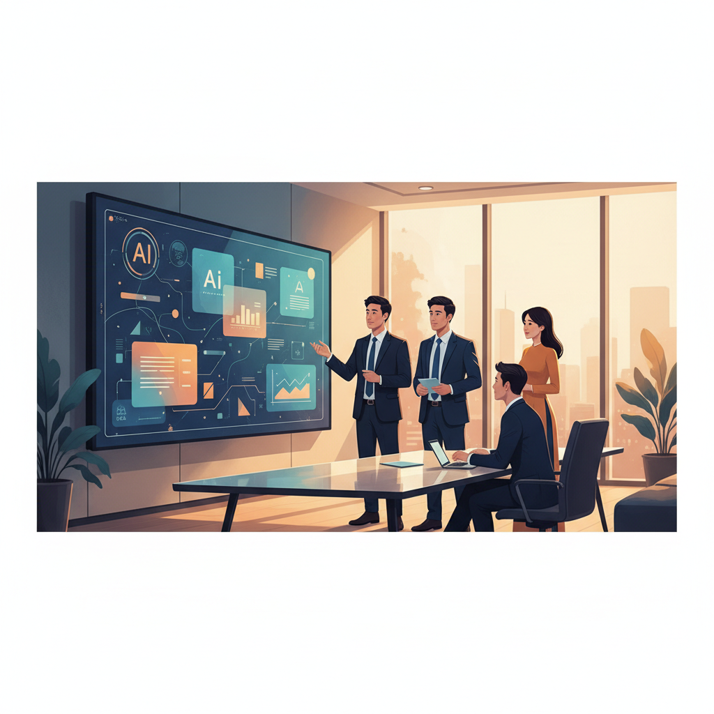 A group of Vietnamese business professionals collaborating around a large screen displaying AI-powered analytics dashboards, with a focus on data visualization and strategic planning, no text