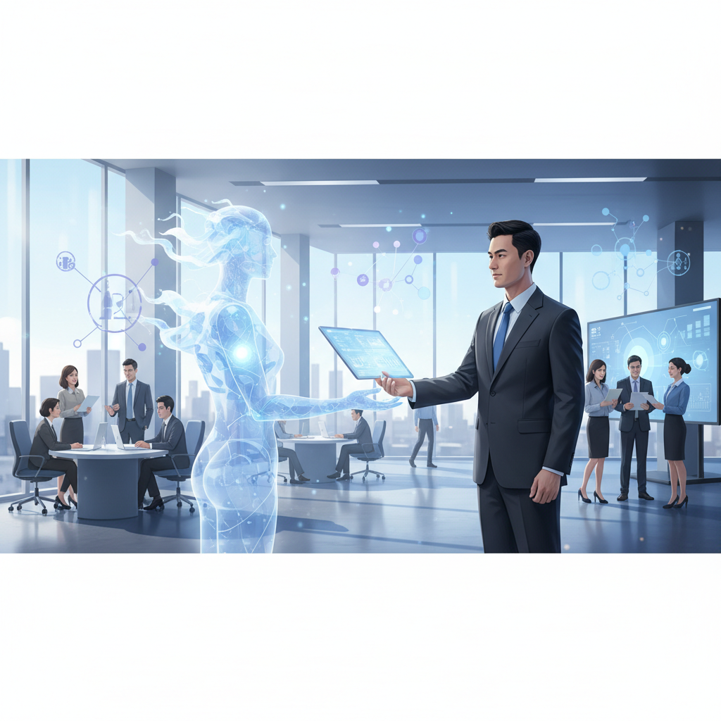 A Vietnamese business professional hands a detailed brief document to a futuristic AI agent interface, symbolizing advanced task delegation.