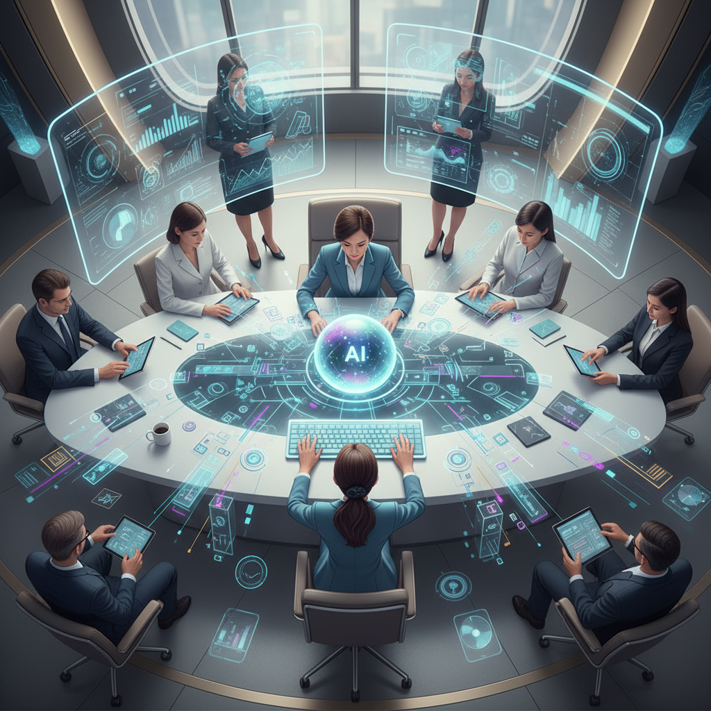 A Vietnamese businesswoman is typing a prompt into a futuristic AI interface, surrounded by digital graphs and data, in a modern office setting.