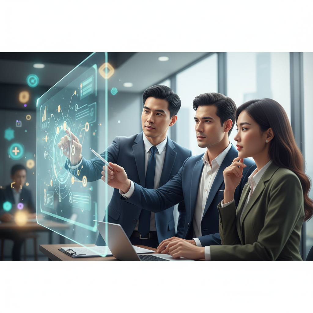 A business team in Vietnam reviewing a project brief on a large screen, with AI-generated data visualizations in the background, showcasing strategic planning.
