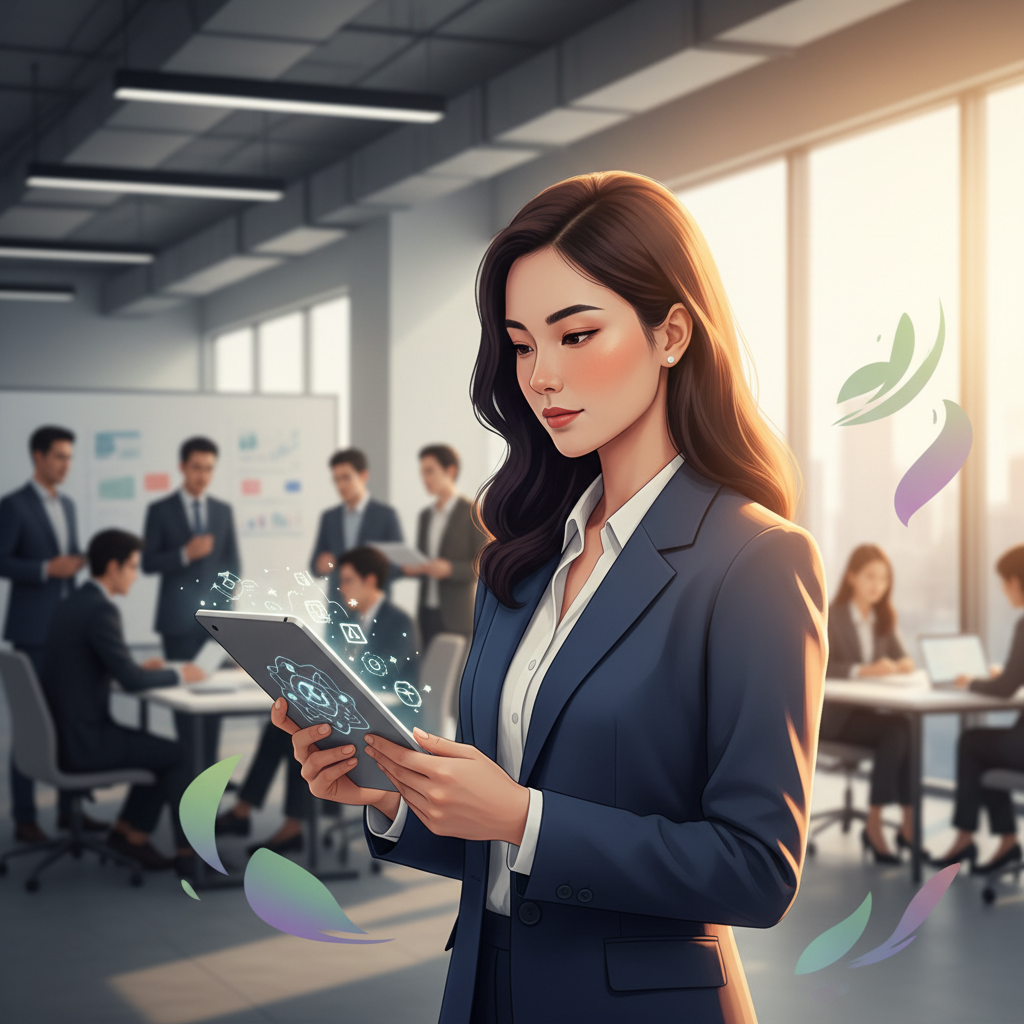 A Vietnamese businesswoman reviewing a complex AI brief on a tablet, with a blurred office background showing team collaboration, no text