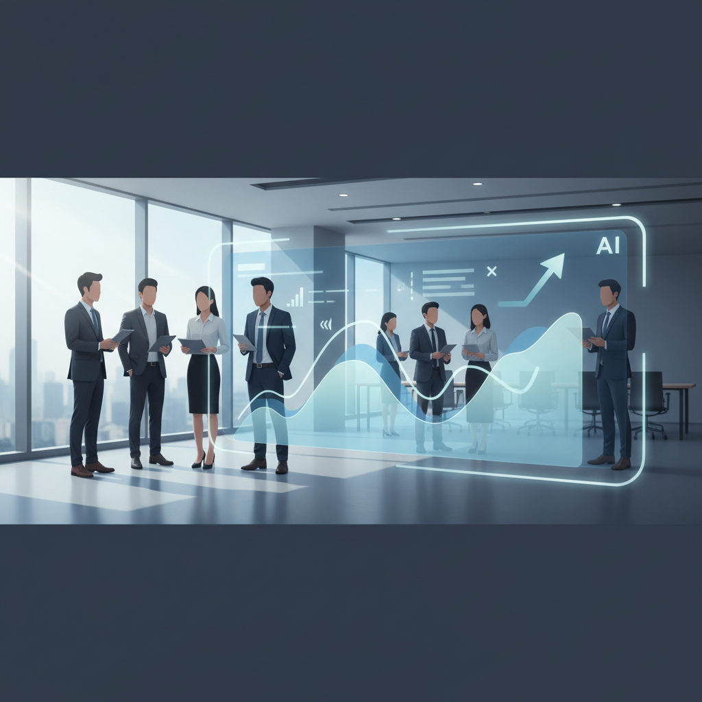 An AI agent dashboard displaying market analysis graphs and data, with Vietnamese business professionals in the background, no text overlays