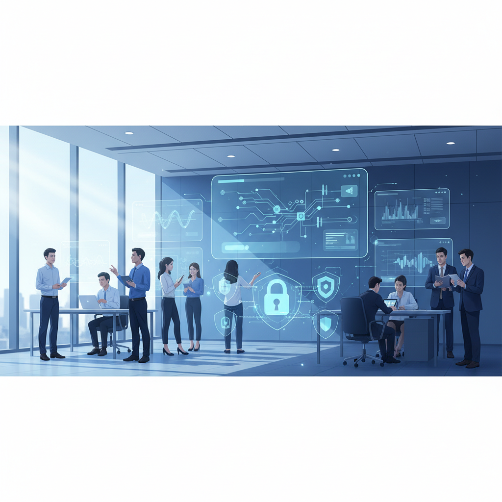 A modern Vietnamese business office with AI interfaces projected on screens, symbolizing integration of AI into daily operations.