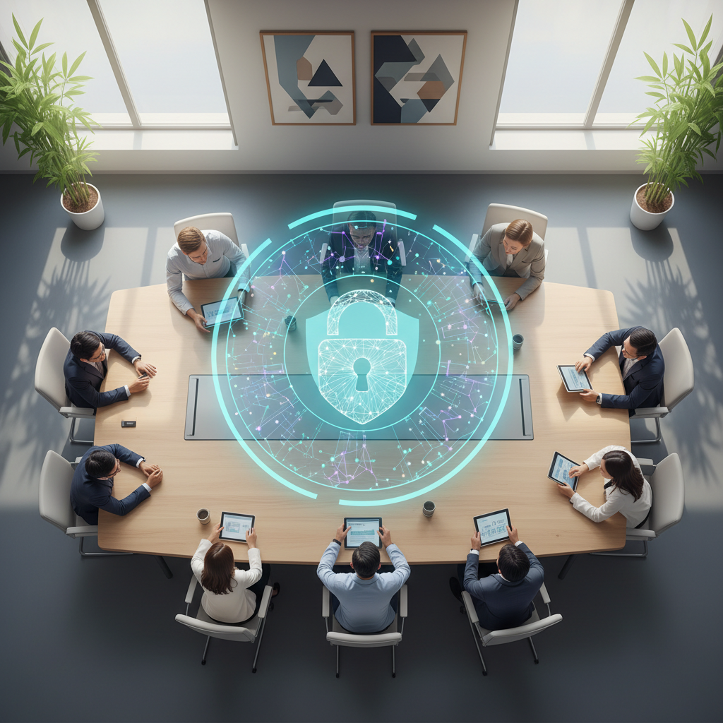 A modern Vietnamese office setting with people collaborating, a holographic AI interface displaying complex data insights, and a secure padlock icon overlayed, emphasizing data protection.