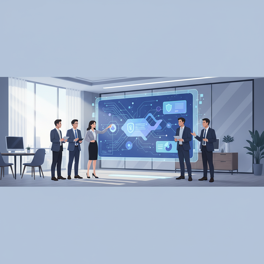 A diverse group of Vietnamese business professionals collaborating around a large screen displaying AI governance frameworks, in a modern office setting.