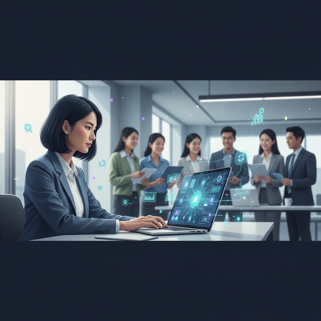 AI transforming HR, with a Vietnamese HR professional using a laptop, data visualizations on screen, and diverse employees in the background.