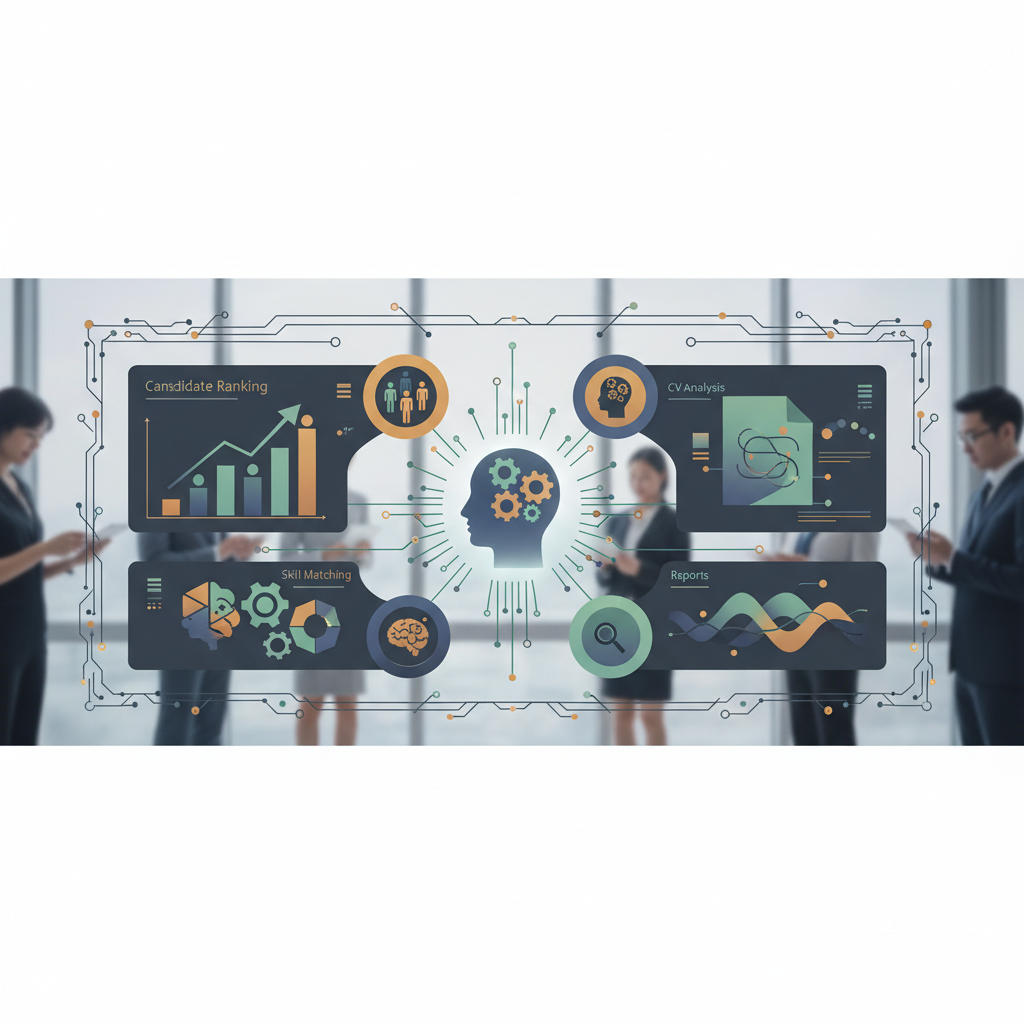 AI powered HR dashboard showing candidate ranking, skill matching, and CV analysis in Vietnamese business context, no text