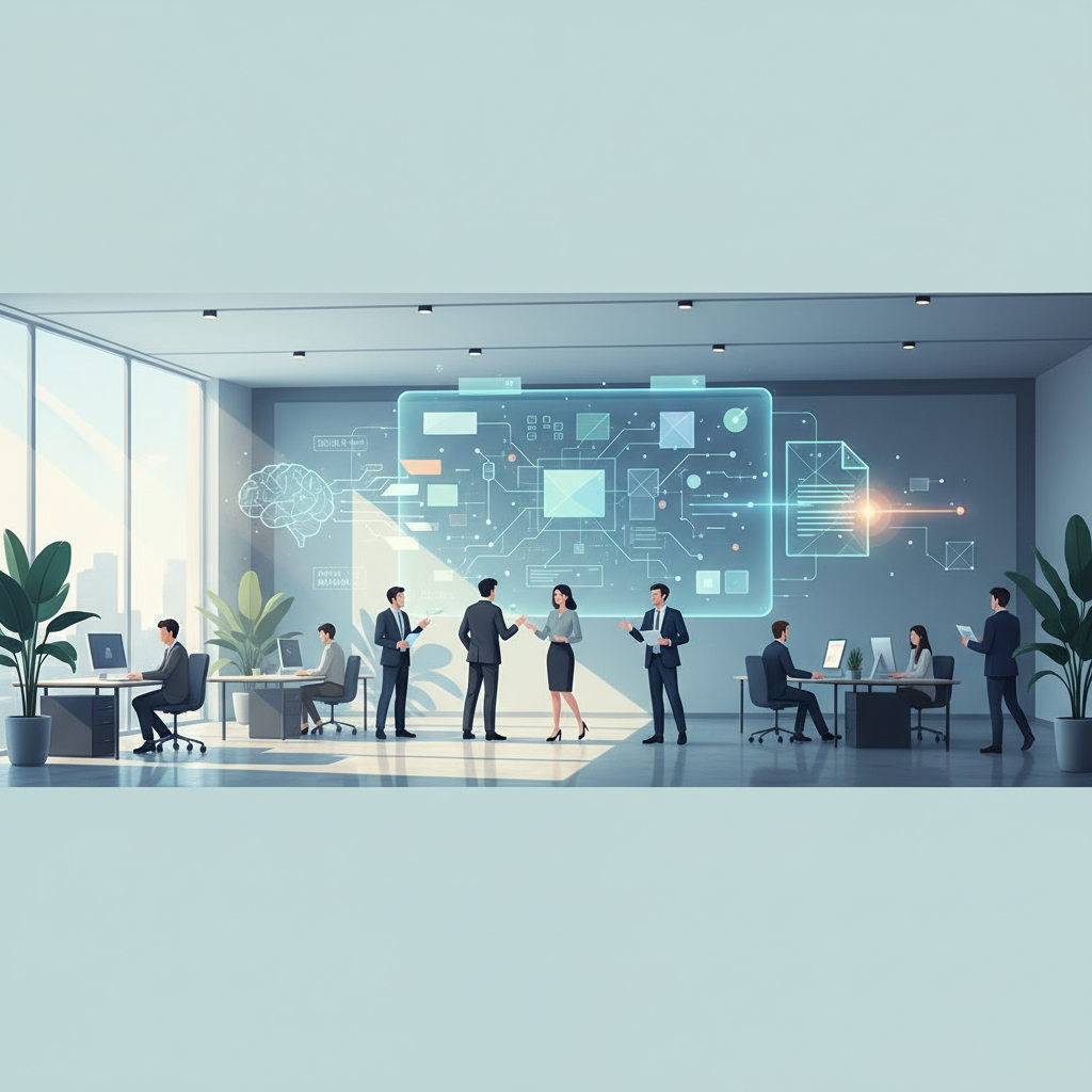 An AI-powered dashboard displaying real-time business metrics and automated report generation in a modern Vietnamese office setting.