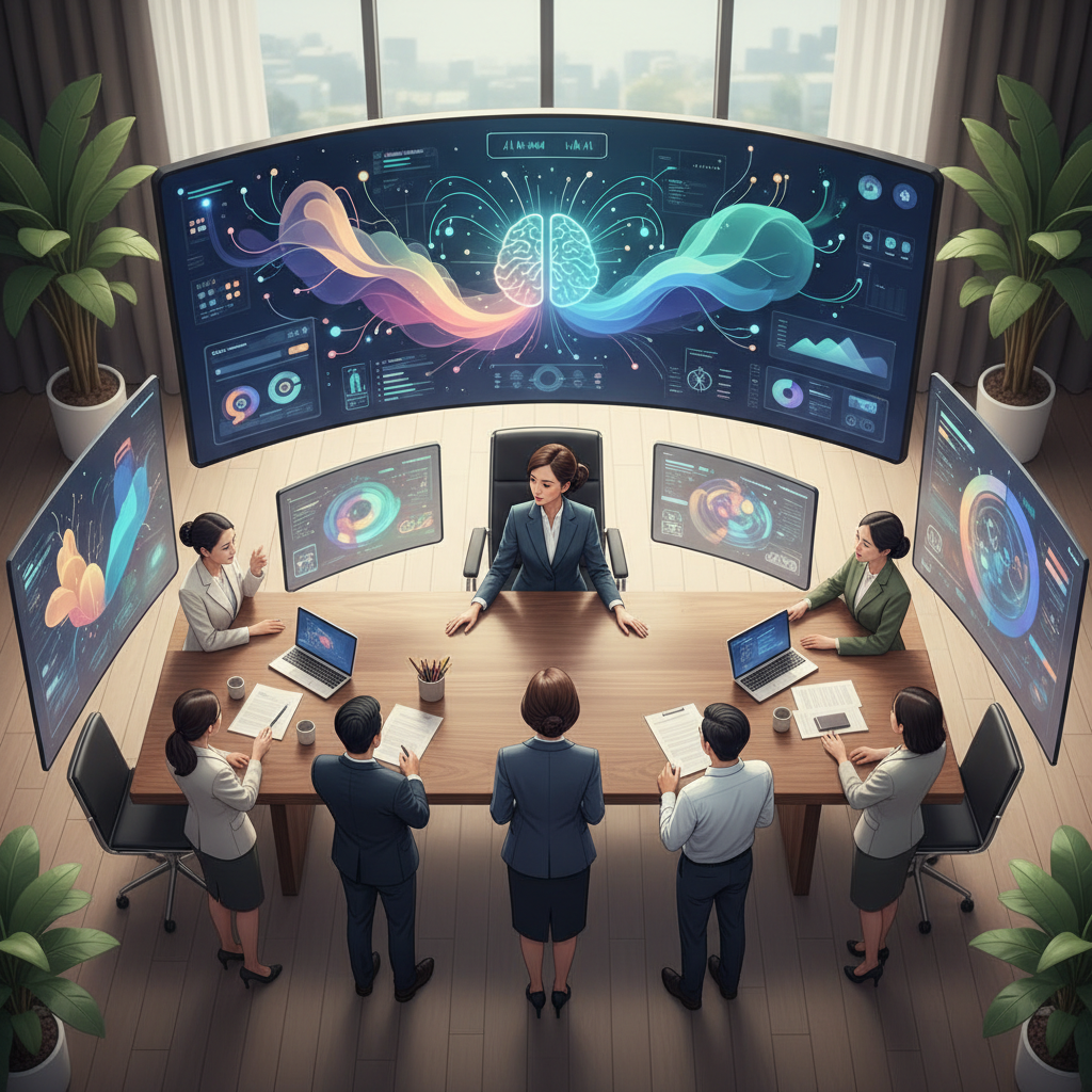 A Vietnamese businesswoman looking at a complex dashboard on a large screen, surrounded by data visualizations and AI-generated insights, in a modern office.