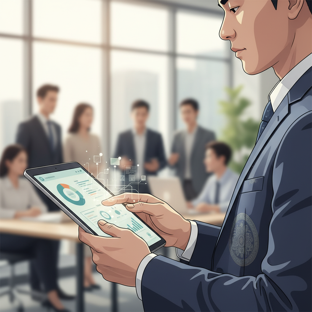 A Vietnamese business professional reviews an AI-generated report on a tablet in a modern office setting, showcasing data visualization and text.