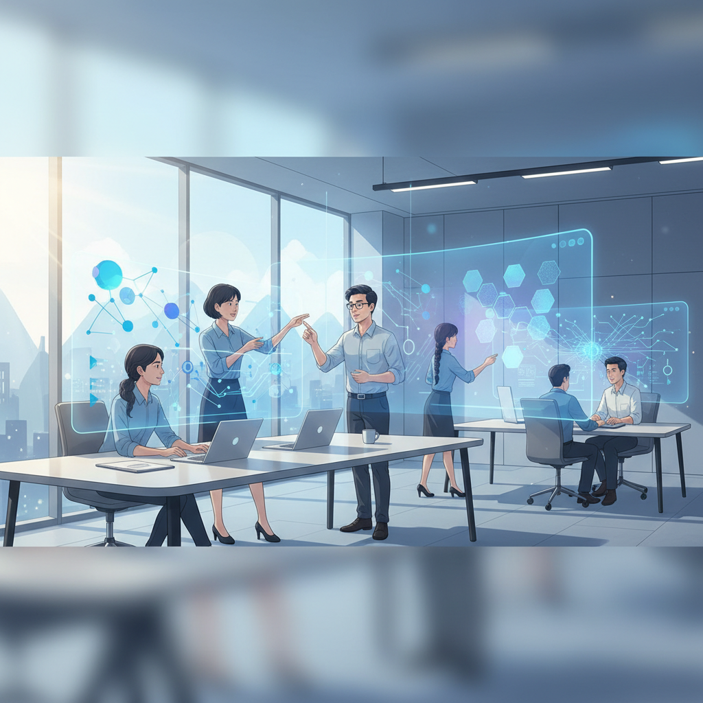 Diverse team of Vietnamese professionals collaborating in a modern office, with subtle AI interface elements on screens, conveying innovation and efficiency.