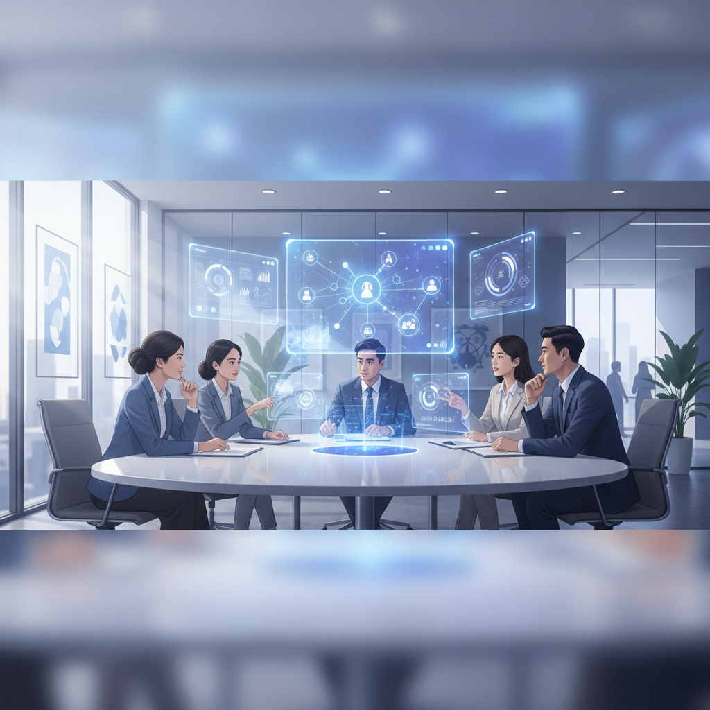 A group of Vietnamese business professionals collaborating around a table, with holographic AI interfaces floating above, showing data analysis and project management.