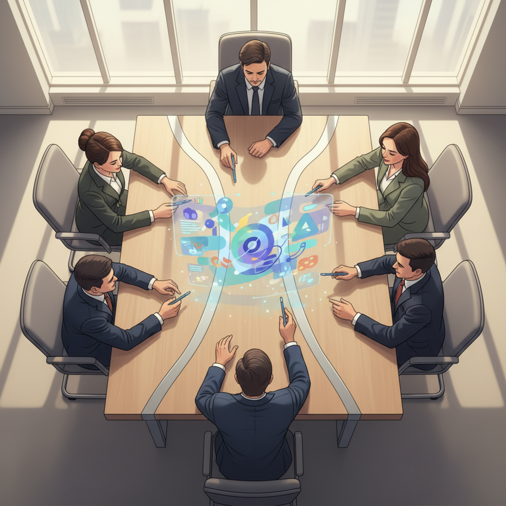 A group of diverse Vietnamese business professionals collaborating around a table, with a holographic AI interface floating above, showcasing data and creative content.