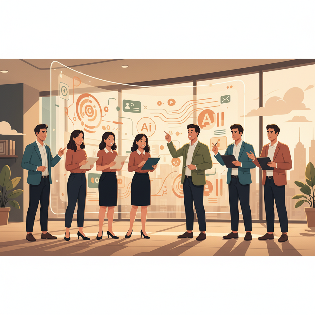 A diverse team of Vietnamese professionals collaborating around a large screen displaying AI-generated content, in a modern office setting.
