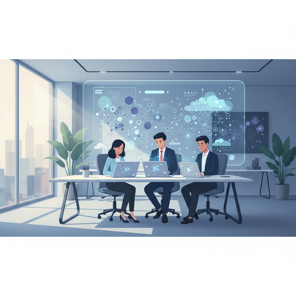 A Vietnamese business team collaboratively evaluating AI tools on laptops in a modern office, charts and data on screens, no text.