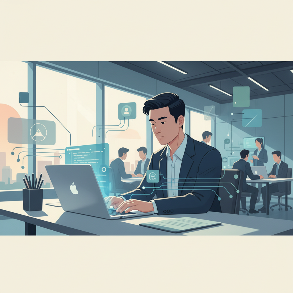 A Vietnamese business professional, male, in a modern office, coding on a laptop, with a screen displaying API calls and data integration.