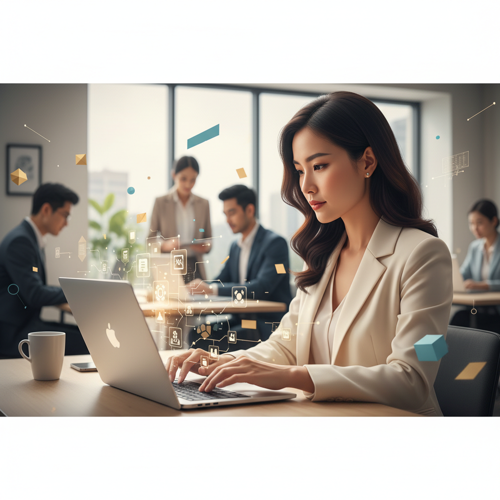 A Vietnamese businesswoman is setting up her personal AI assistant on a laptop, surrounded by a clean, modern office environment.
